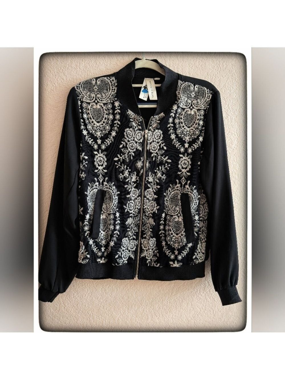 Society Girl Black and White Embroidered Bomber Jacket Large